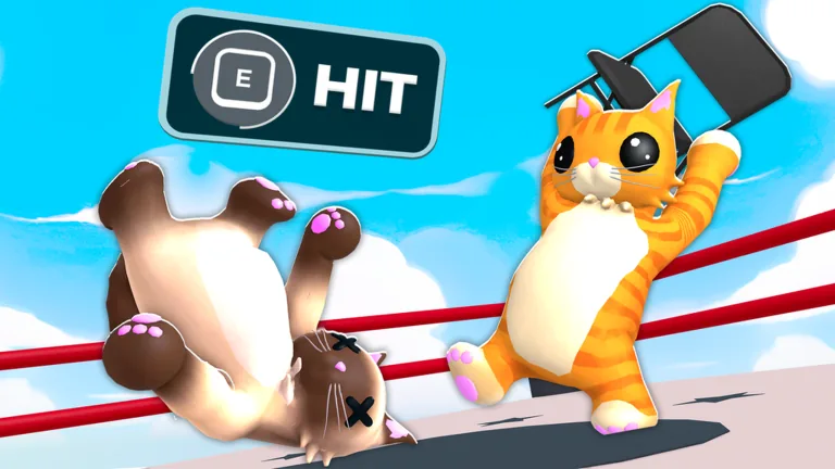 Cat Battles Roblox controls — a cat landing a hit with the E key prompt on screen
