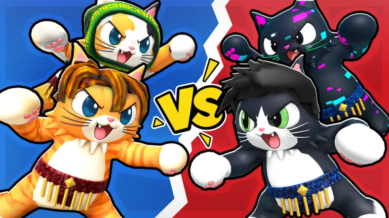 Cat Battles Roblox gameplay — two teams of cats facing off in the arena